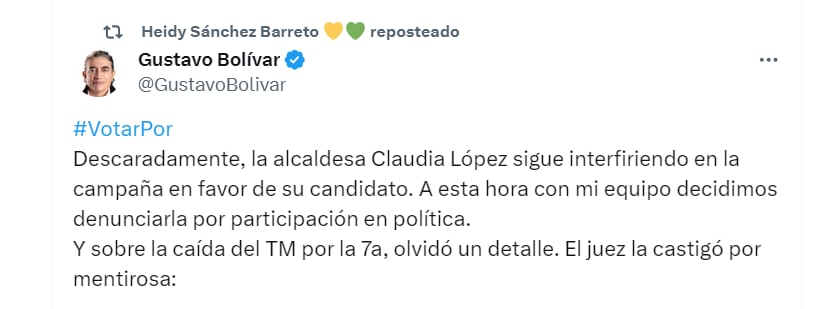El candidato a la Alcaldía de Bogotá, Gustavo Bolívar, afirmó que denunciaría a Claudia López por participar en política - crédito @GustavoBolívar/X