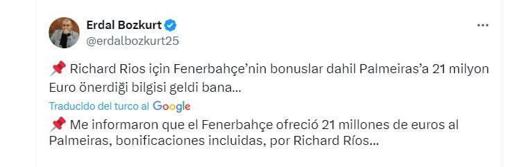 En 21 millones de euros comenzaría la negociación por Ríos - crédito @erdalbozkurt25/X