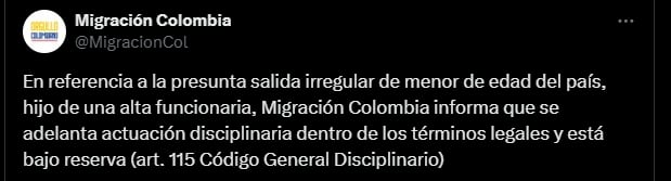 Pronunciamiento de Migración Colombia sobre la situación con el hijo de la exministra Irene Vélez - crédito @MigracionCol/X