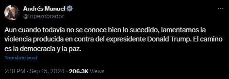 El presidente mexicano lamentó el intento de agresión contra el candidato republicano a la presidencia de Estados Unidos
Crédito:
X/@lopezobrador_