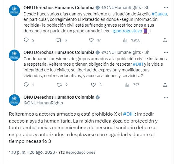 Desde ONU Derechos Humanos Colombia condenaron el hostigamiento que las disidencias de las Farc ejercen contra la población del corregimiento El Plateado de Argelia (Cauca) - crédito @ONUHumanRights / X