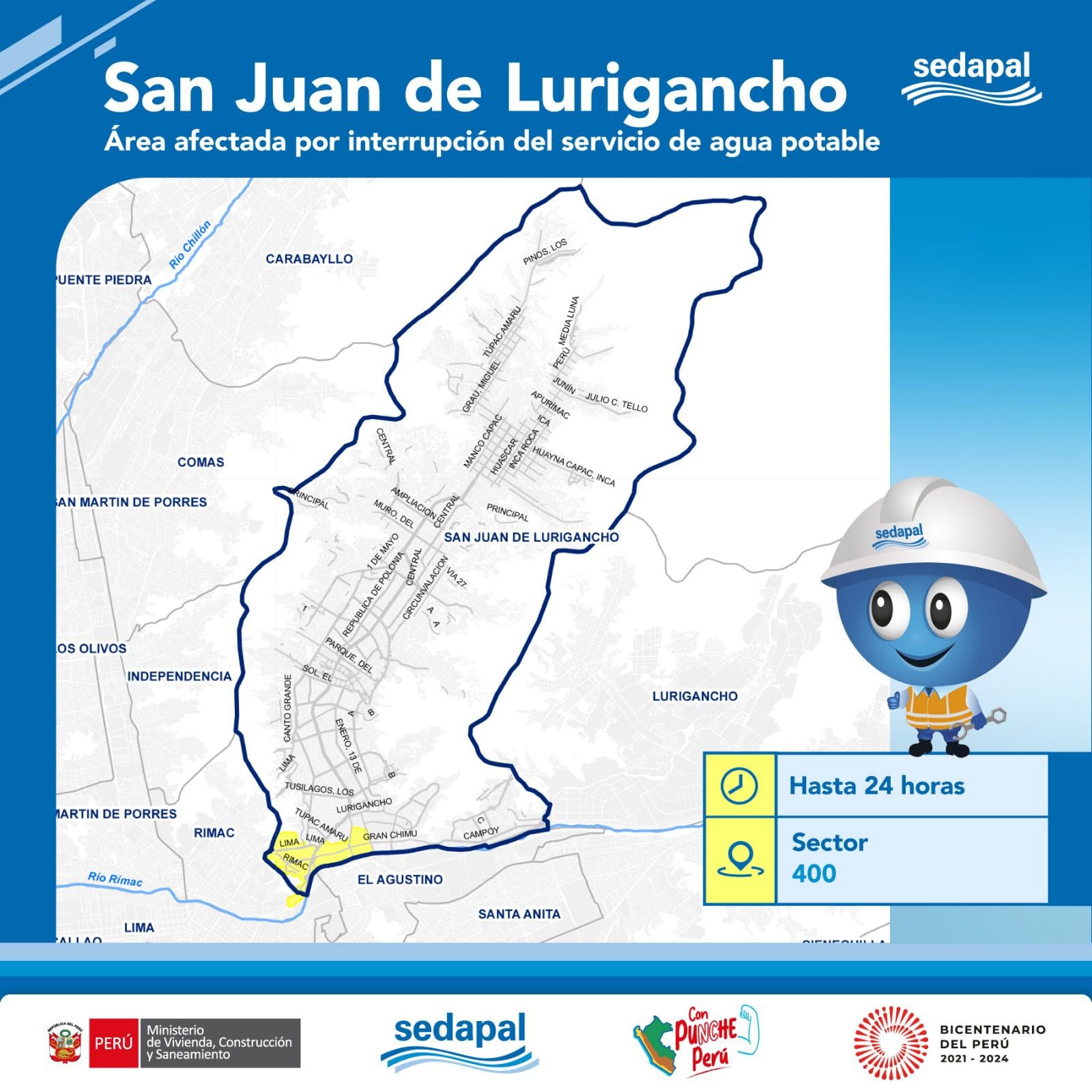 Mapa de las zonas que serán afectadas por el corte de agua en San Juan de Lurigancho y horarios en que se suspenderá el servicio | Crédito: Sedapal.