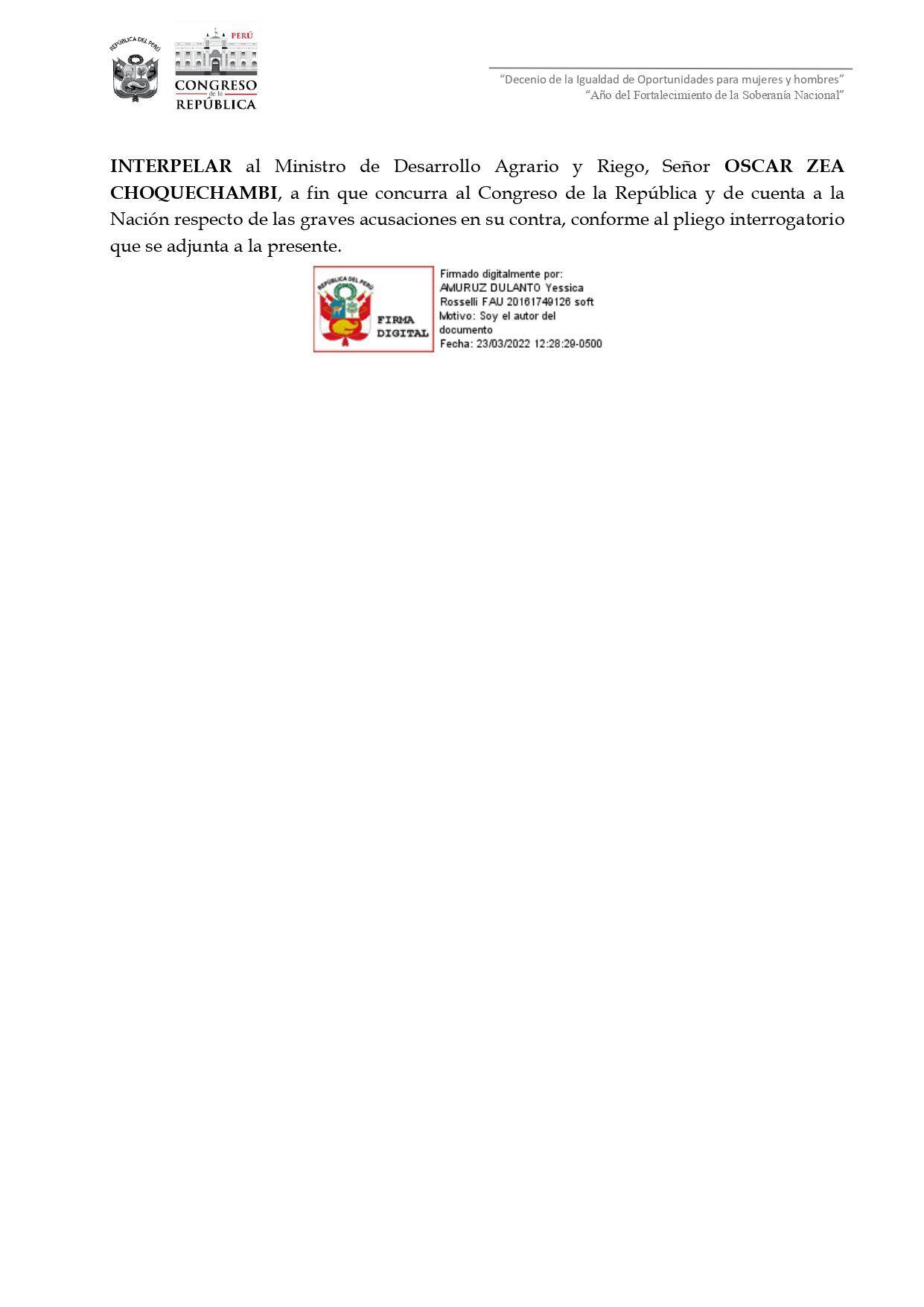 Motion for interpellation against Minister Zea.