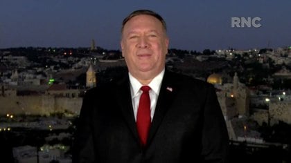 El secretario de Estado de EE. UU., Mike Pompeo, habla por video de Jerusalén durante la Convención Nacional Republicana 2020 cuasi virtual, transmitida desde Washington, EE. UU. El 25 de agosto de 2020. Convención Nacional Republicana 2020 / Folleto a través de REUTERS ESTA IMAGEN HA SIDO PROPORCIONADA POR UN TERCERO