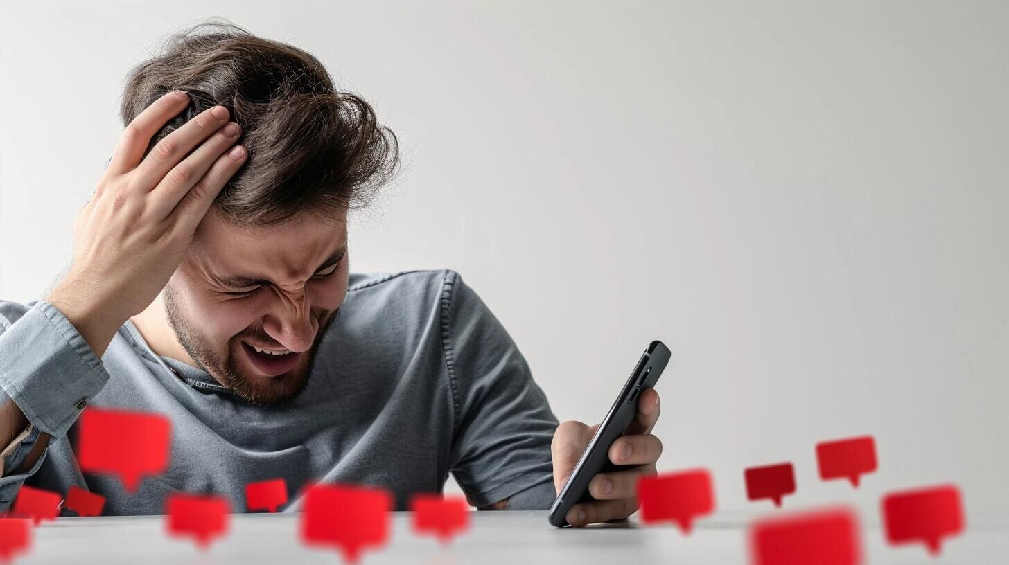 Joven mirando su smartphone con una expresión de estrés y preocupación, rodeado por íconos de notificaciones, mensajes y 'likes' de redes sociales como Instagram. La fotografía captura el impacto de la constante conectividad online en la salud mental y la ansiedad en la era digital. (Imagen ilustrativa Infobae)