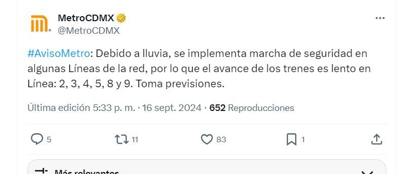 Servicio del Metro hoy 16 de septiembre (X/ @MetroCDMX)