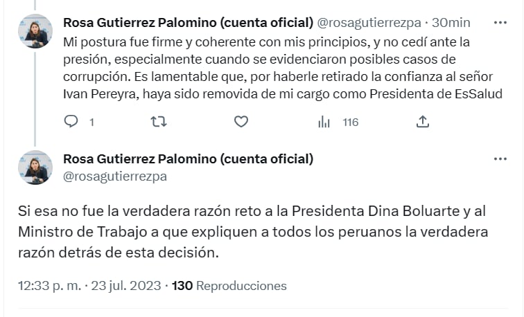 Tuit de Rosa Gutiérrez tras ser removida.