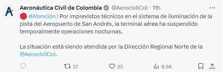 Así lo informó la Aeronáutica Civil de Colombia - crédito captura de pantalla