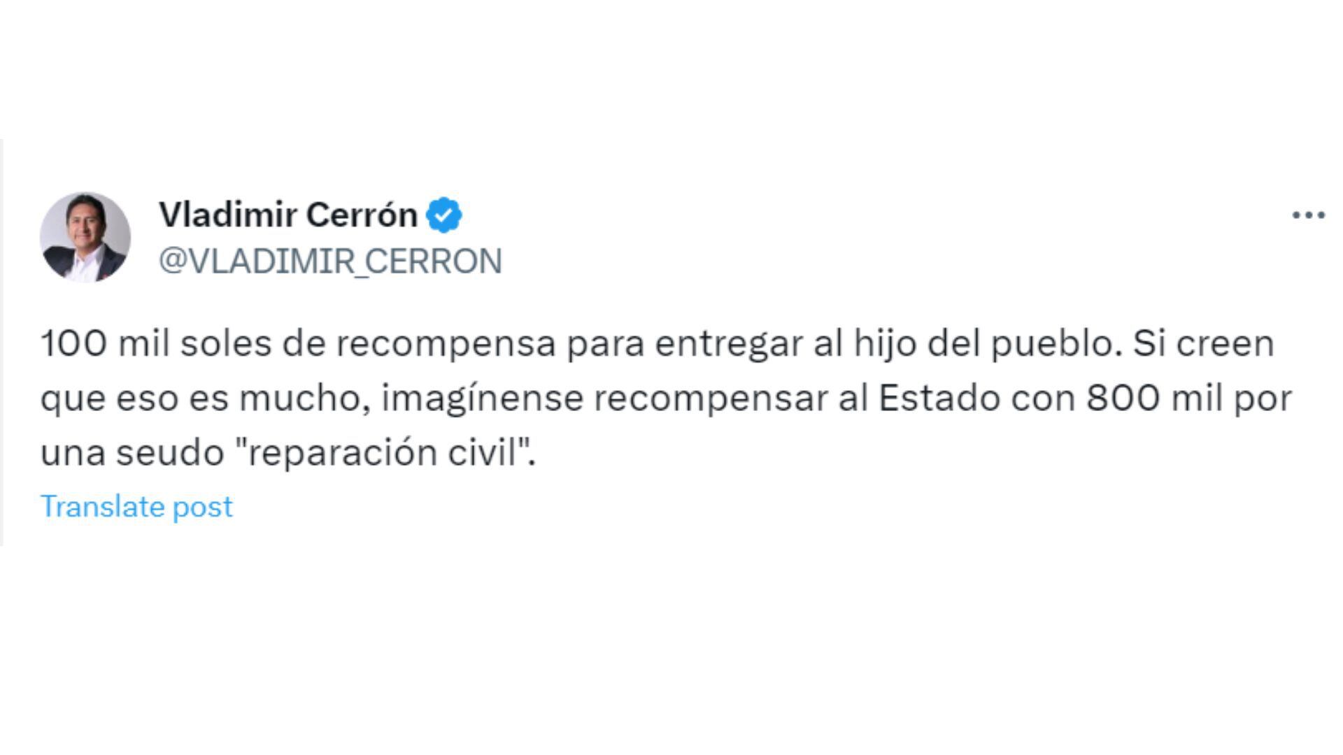 Vladimir Cerrón se pronunció por estar incluido en el Programa de Recompensas| Twitter de Vladimir Cerrón