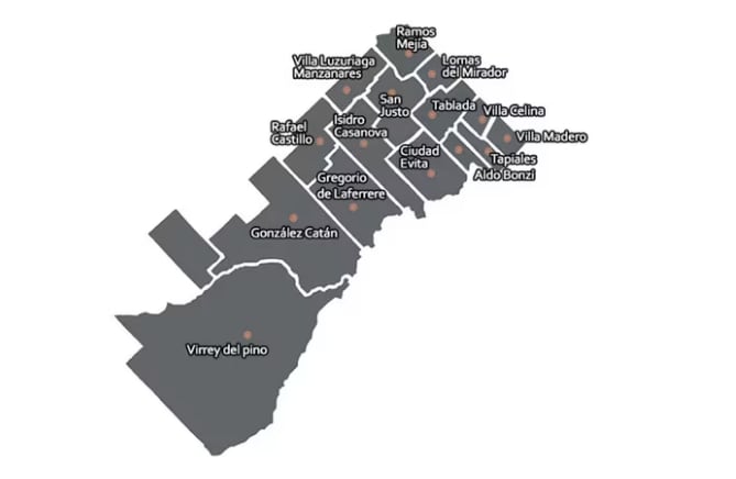 Plano del partido con sus localidades. Es el más grande del conurbano