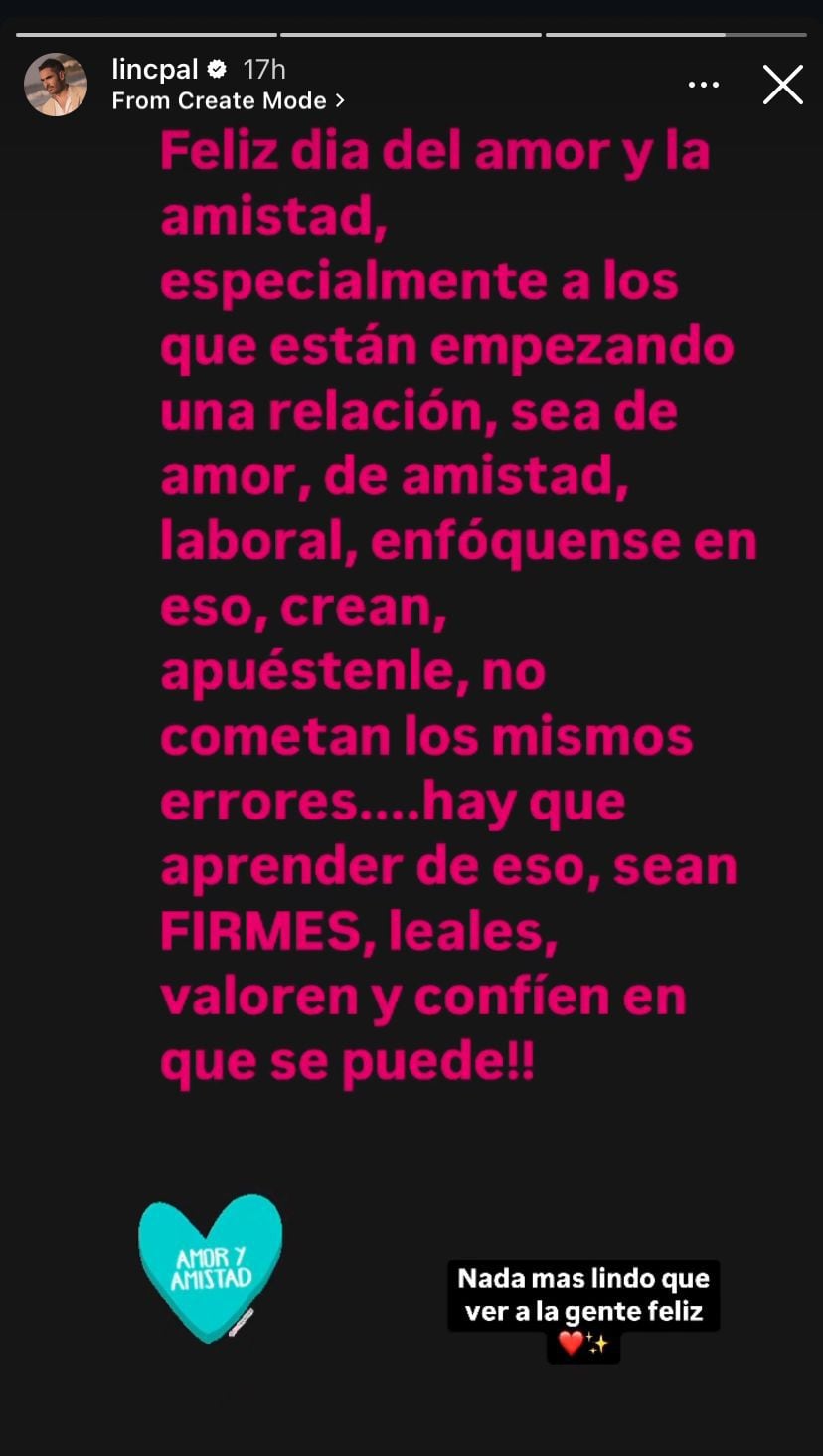 El mensaje del actor despertó rumores de supuesta dedicación a su ex Carolina Cruz - crédito @lincpal / Instagram