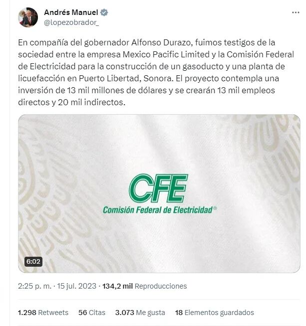 López Obrador confirmó construcción de gasoducto y planta de licuefacción (Foto: Twitter @lopezobrador_)