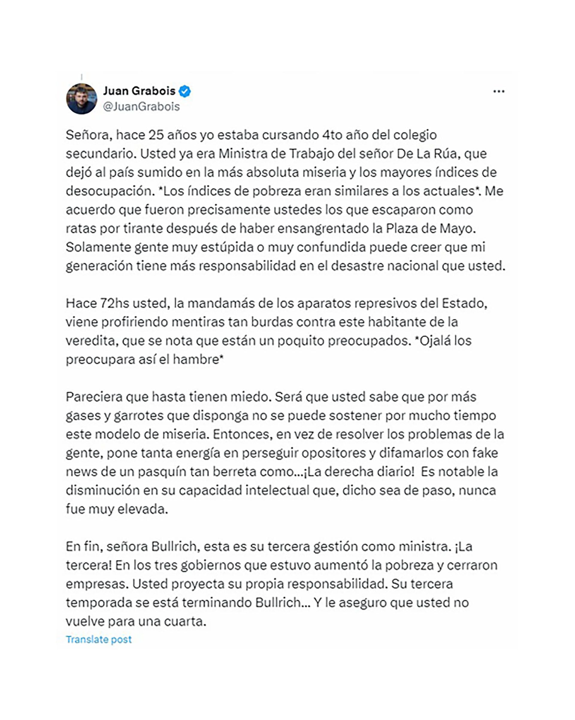 La respuesta final de Juan Grabois (X)