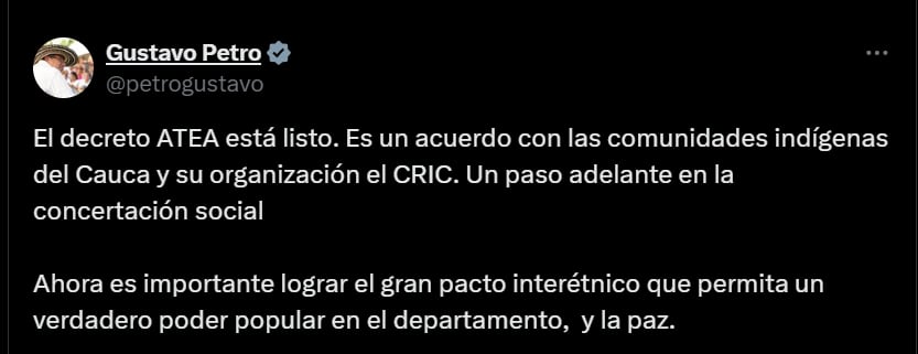 Petro anuncia firma de decreto ATEA - crédito @petrogustavo/X