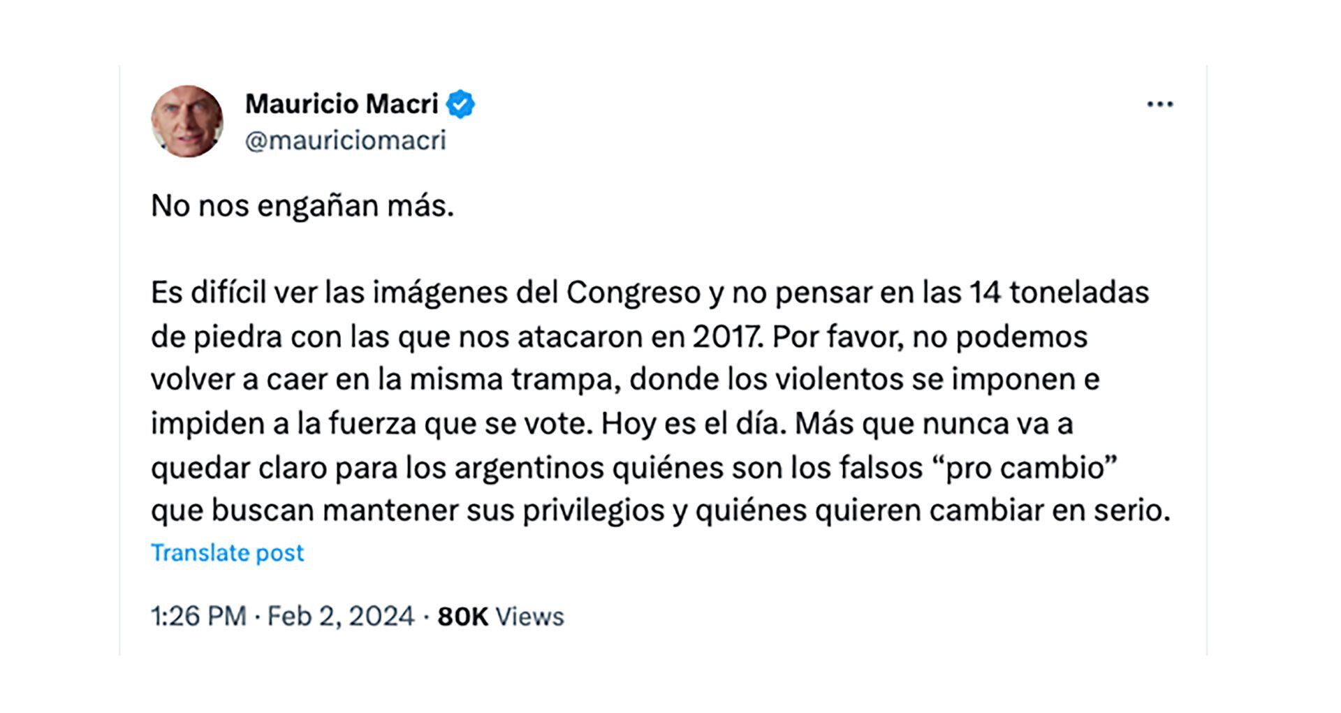 Mauricio Macri defendio en X el operativo policial en el Congreso