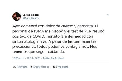 El tweet de Bianco, donde confirma su contagio de coronavirus