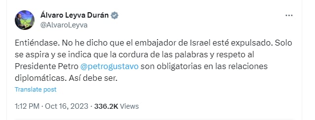 El canciller publicó previamente un mensaje dirigido al representante de Israel en Colombia, al que acusó de “patanería” y le exigió pedir excusas y abandonar el país - crédito @AlvaroLeyva/X