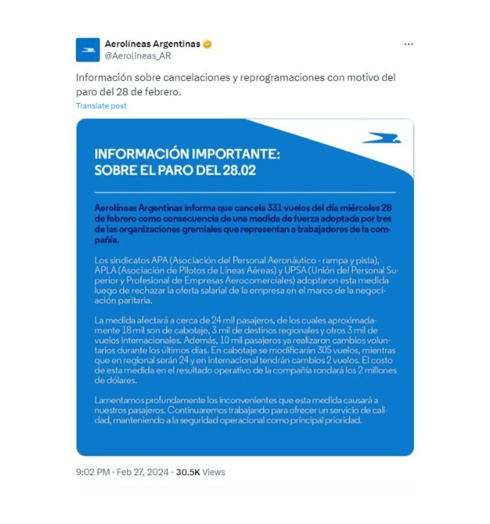 Aerolíneas Argentinas - Servicios 28/01 paro