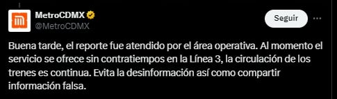 Metro desmintió retrasos en la Línea 3 (X/@MetroCDMX)