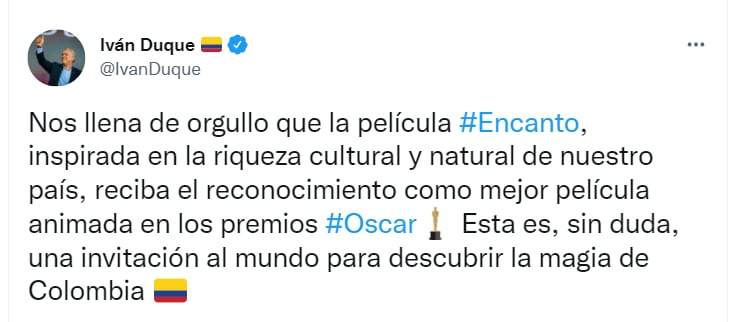 Iván Duque invia un messaggio dopo il premio «Encanto» agli Oscar