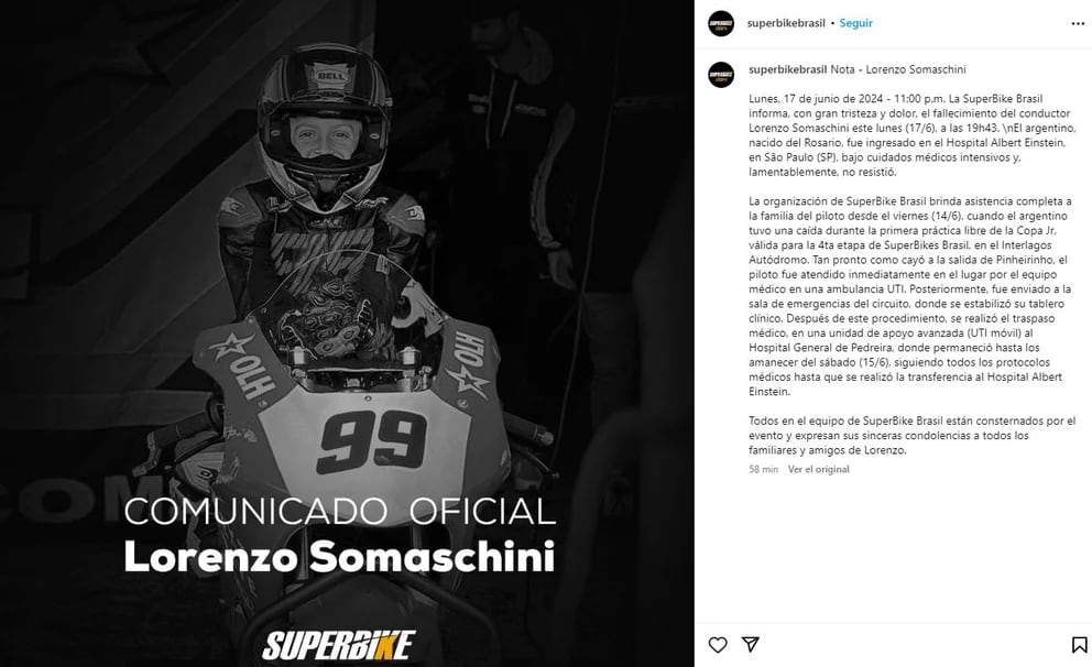 El comunicado con el que se confirmó la muerte de Lorenzo Somaschini