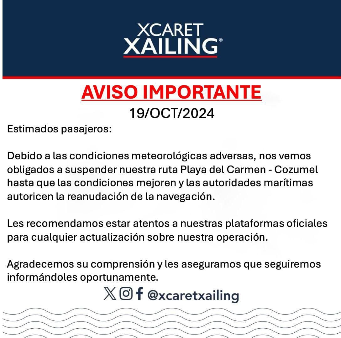 Cierre de la ruta Playa del Carmen-Cozumel por tormenta tropical Nadine (@XcaretXailing/X)