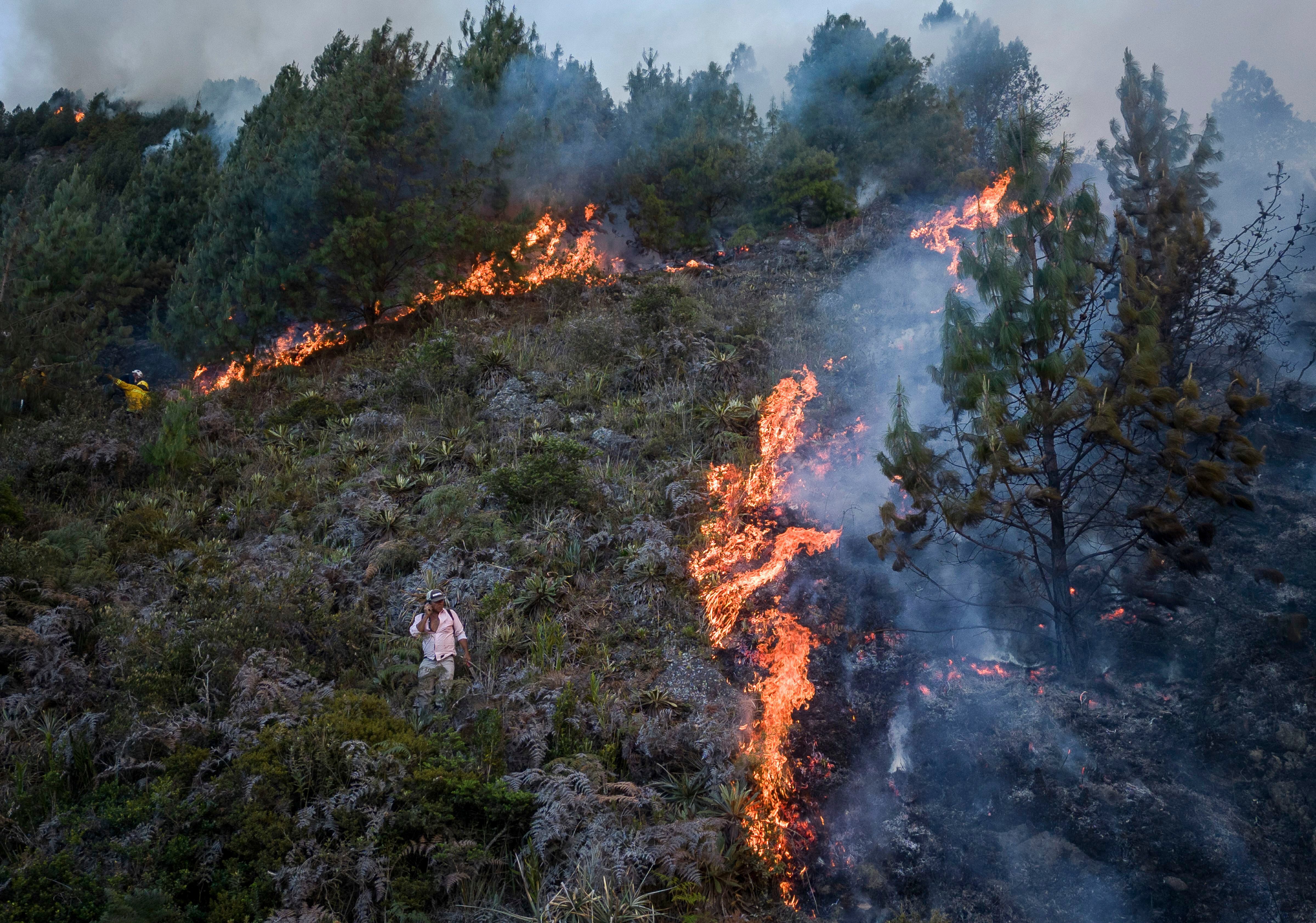 Un incendio arde en las laderas de las montañas que rodean Nemocón, al norte de Bogotá, Colombia, el martes 23 de enero de 2024 - crédito AP.