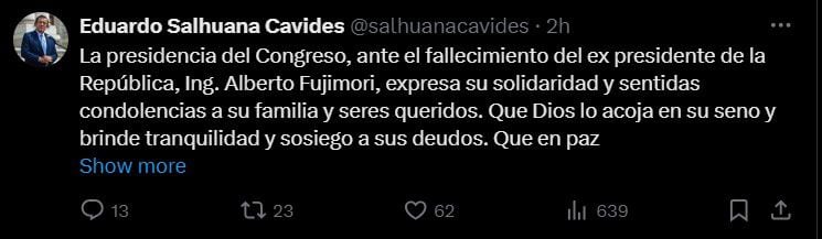 Presidente del Congreso expresó su solidaridad y condolencias hacía la familia del exjefe de Estado. (Fuente: X /@ salhuanacavides)