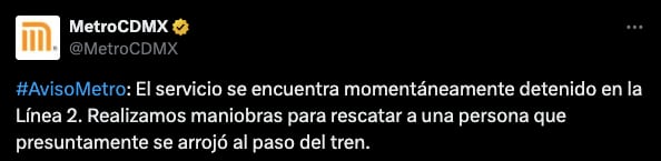 Las autoridades del STC dieron aviso a sus usuarios sobre lo sucedido en una de las líneas más concurridas. (TW Metro CDMX)
