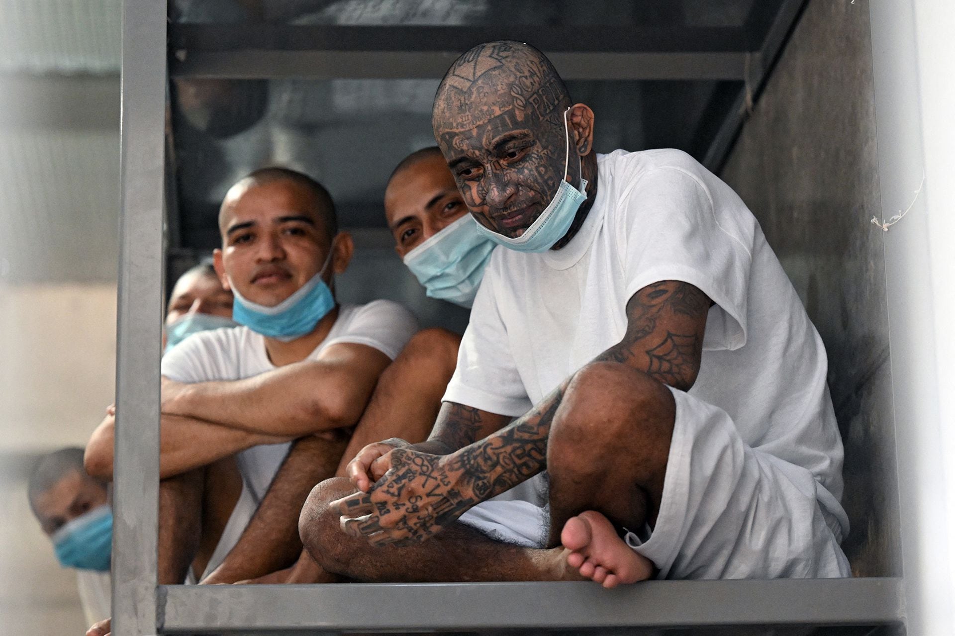 “Aquí estamos perseverando día a día”: de cráneo rapado, tatuados a veces hasta la cabeza, más de 12.000 presuntos pandilleros de El Salvador conviven en la megacárcel inaugurada por el presidente Nayib Bukele  (AFP)