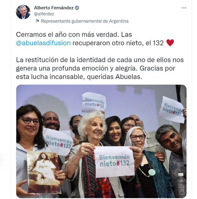 Tuit del presidente Alberto Fernández sobre la restitución del nieto 132