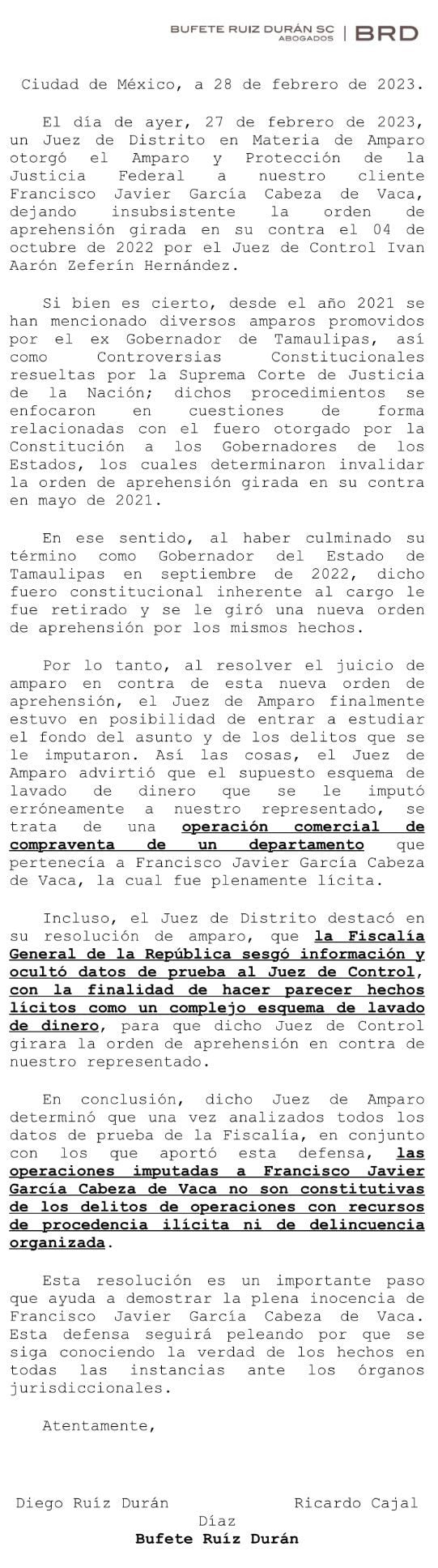 Los abogados de García Cabeza de Vaca emitieron un comunicado que compartió el exgobernador (Twitter/@fgcabezadevaca)