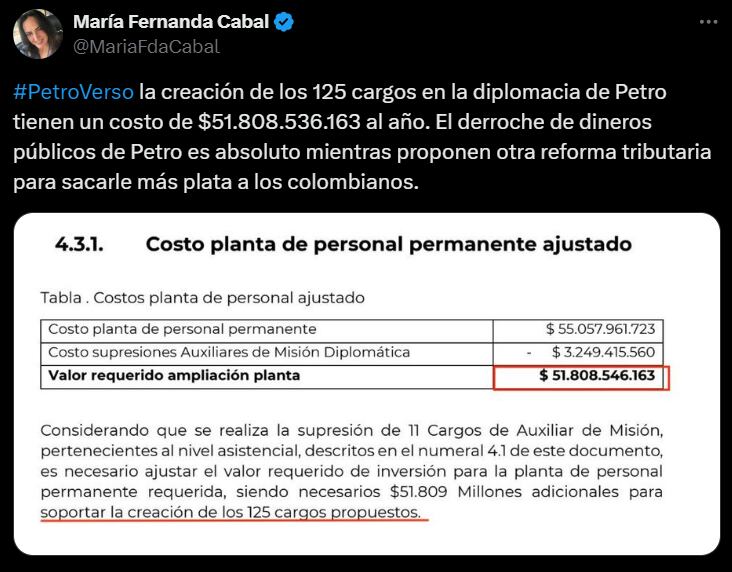 María Fernanda Cabal aseguró que existe un presunto "derroche" en la Cancillería - crédito @MariaFdaCabal/X