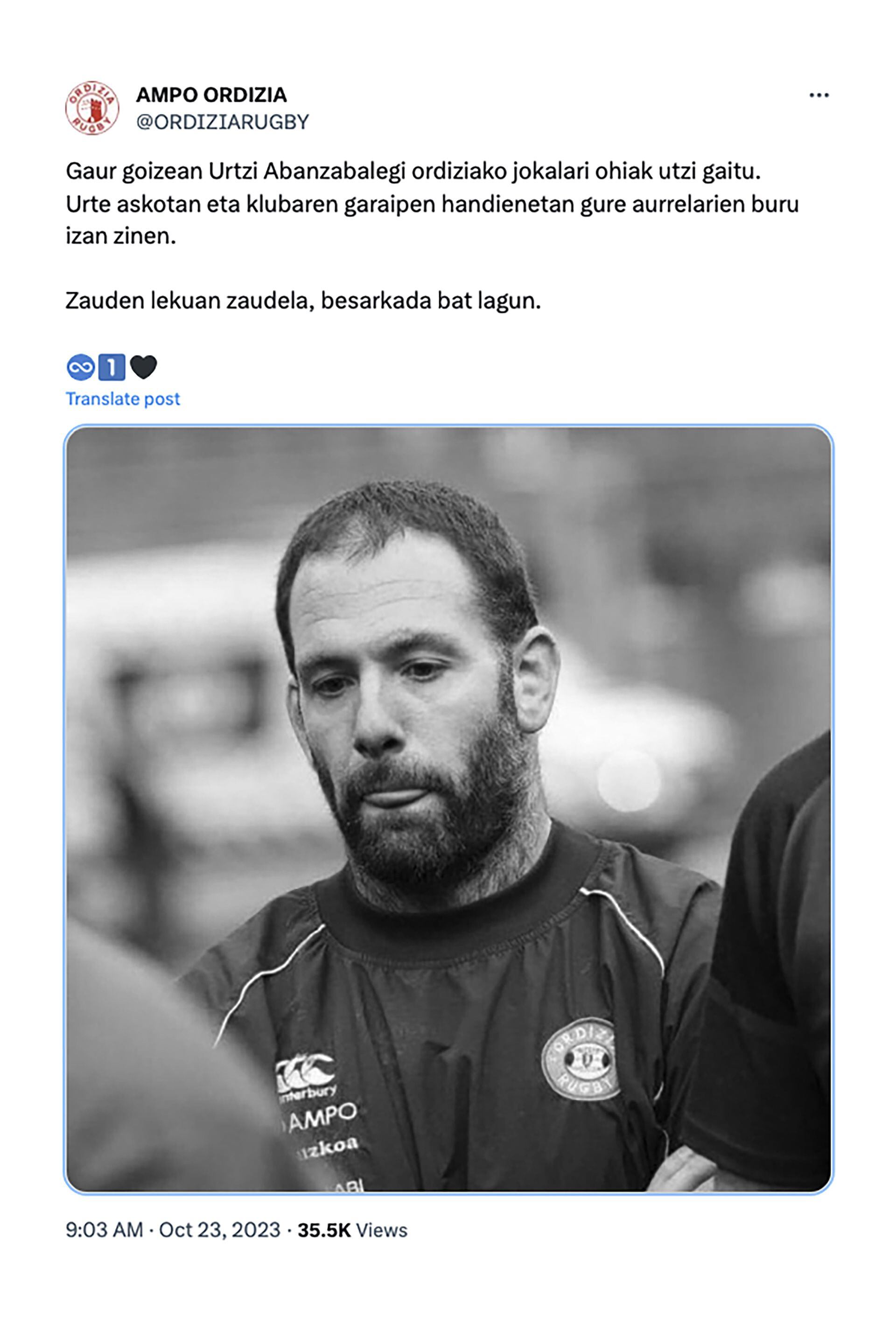 El mensaje del club lamentando la muerte de Urtzi Abanzabalegi