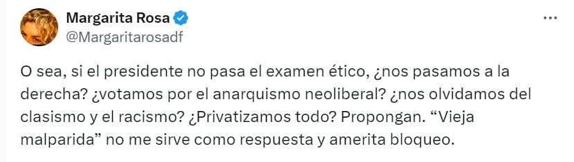 Margarita Rosa y sus cuestionamientos a colombianos - crédito X