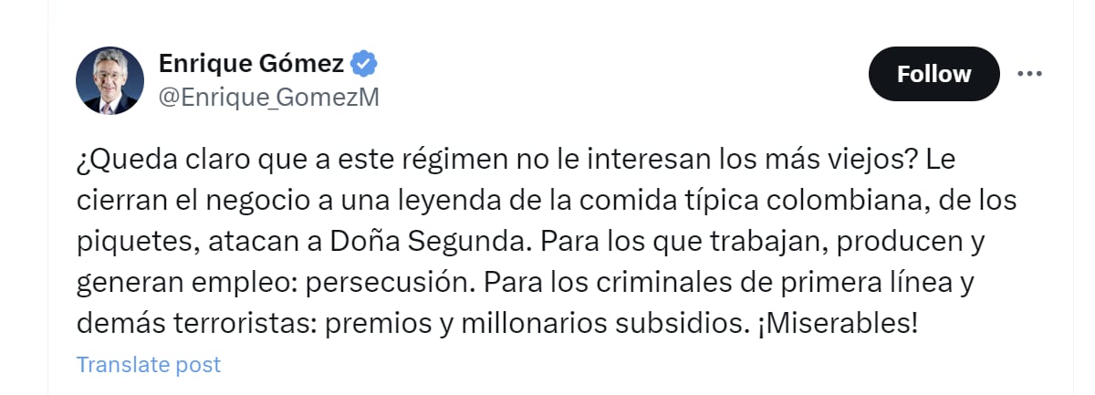 Enrique Gómez aseguró que el Gobierno Petro prefiere premiar a los "criminales de la primera línea" que ayudar a los adultos mayores - crédito @Enrique_GomezM/X
