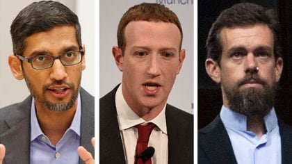 De derecha a izquierda: el de Google Sundar Pichai, el de Facebook Mark Zuckerberg y el CEO de Twitter Jack Dorsey  (AP Photo/Jose Luis Magana, LM Otero, Jens Meyer)