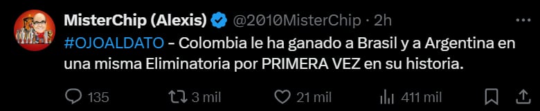 Misterchip aseguró que es la primera vez que Colombia le gana a Brasil y Argentina en una eliminatoria - crédito @2010MisterChip/X