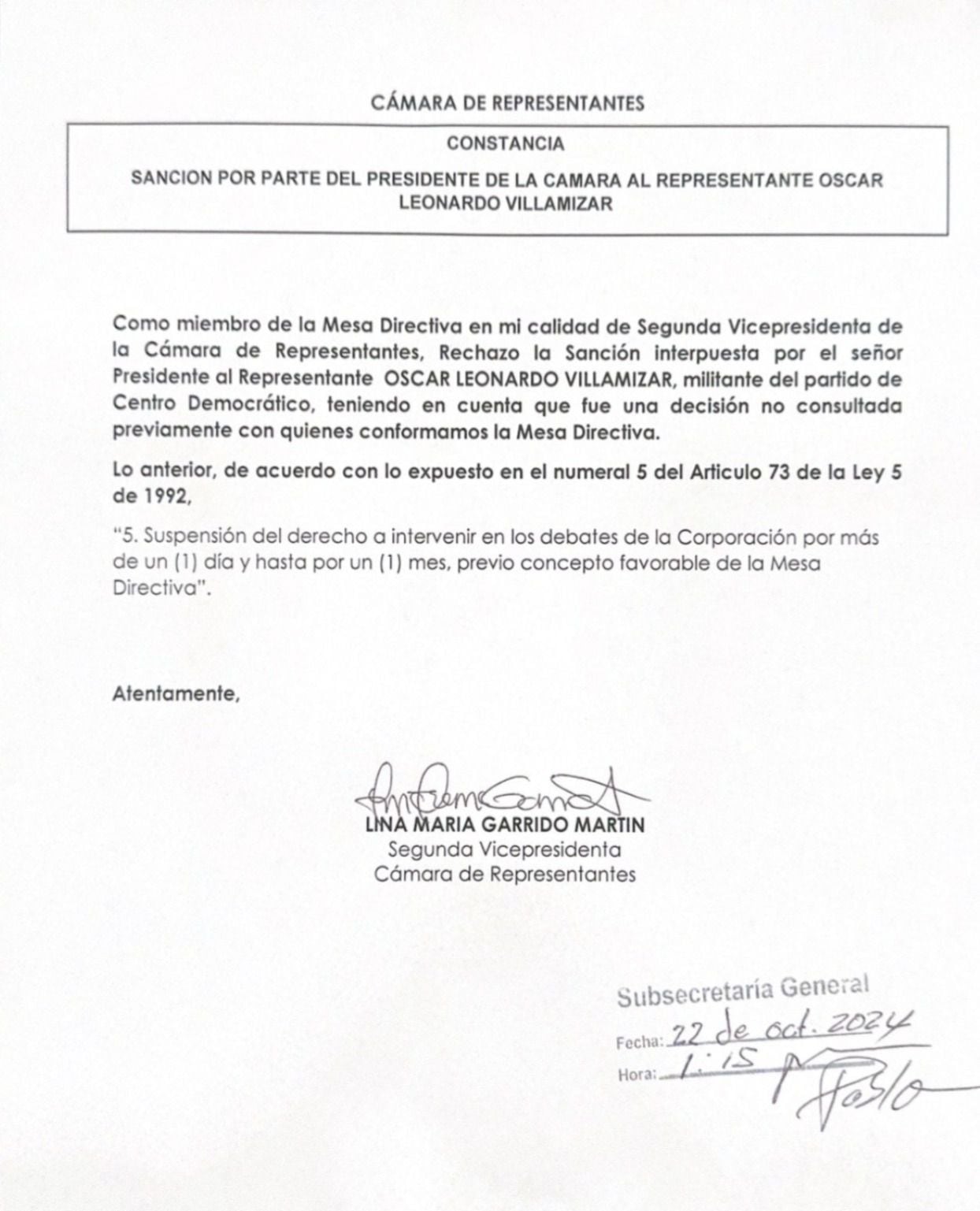 A través de esta comunicación, la representante Lina Garrido, segunda vicepresidenta de la Cámara, se pronunció sobre suspensión a Óscar Villamizar - crédito suministrada a Infobae Colombia