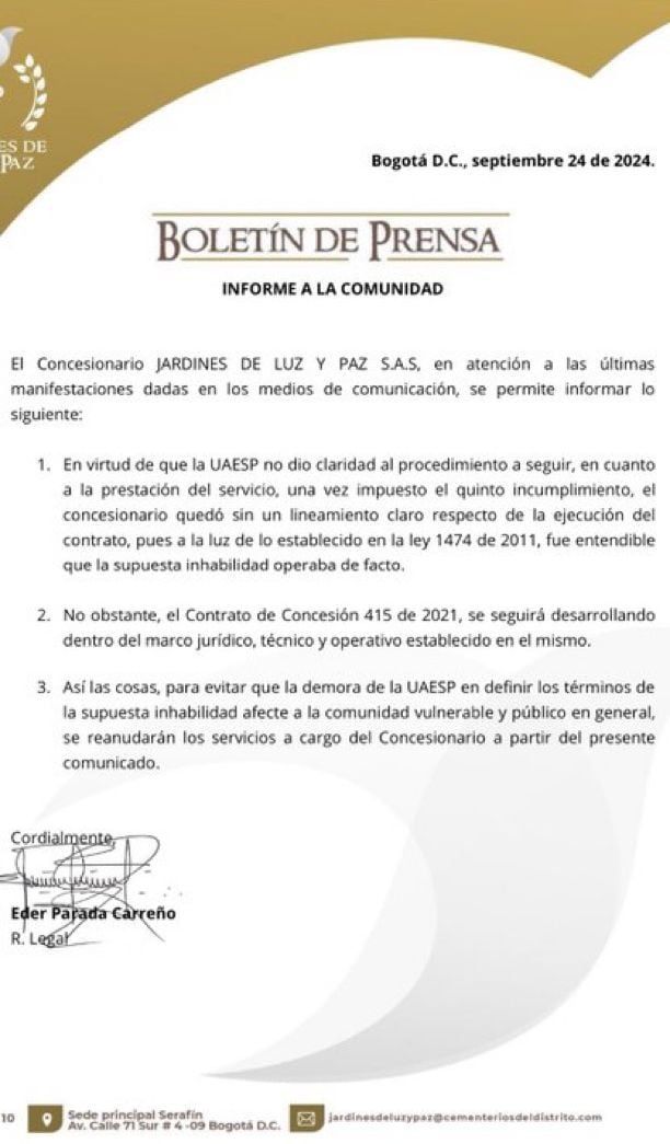 Este fue el comunicado con el que el operador informó sobre su reinicio de operaciones - crédito Jardines de Luz y Paz