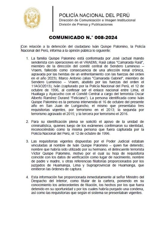 Iván Quispe Palomino fue detenido el pasado 16 de octubre. (Foto: PNP)