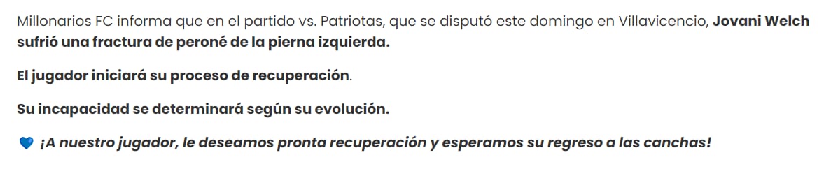 Comunicado oficial de Millonarios sobre lesión de Jovani Welch - crédito Millonarios