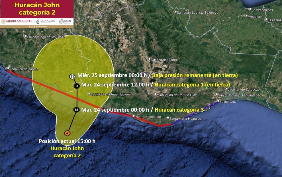 Huracán John podría impactar la noche de este lunes 23 de septiembre (X/ @conagua_clima)