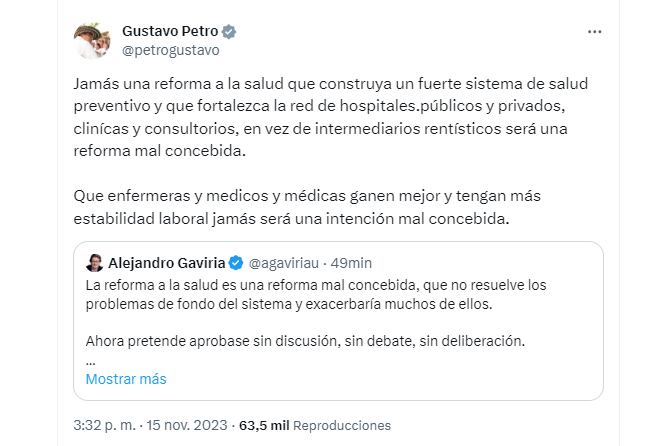 Son varias voces las que se han levantado para afirmar que el proyecto legislativo estaría mal concebido. Por ejemplo, el exministro Alejadnro Gaviria, que ha sido crítico del proyecto de reforma a la salud - crédito @petrogustavo/X