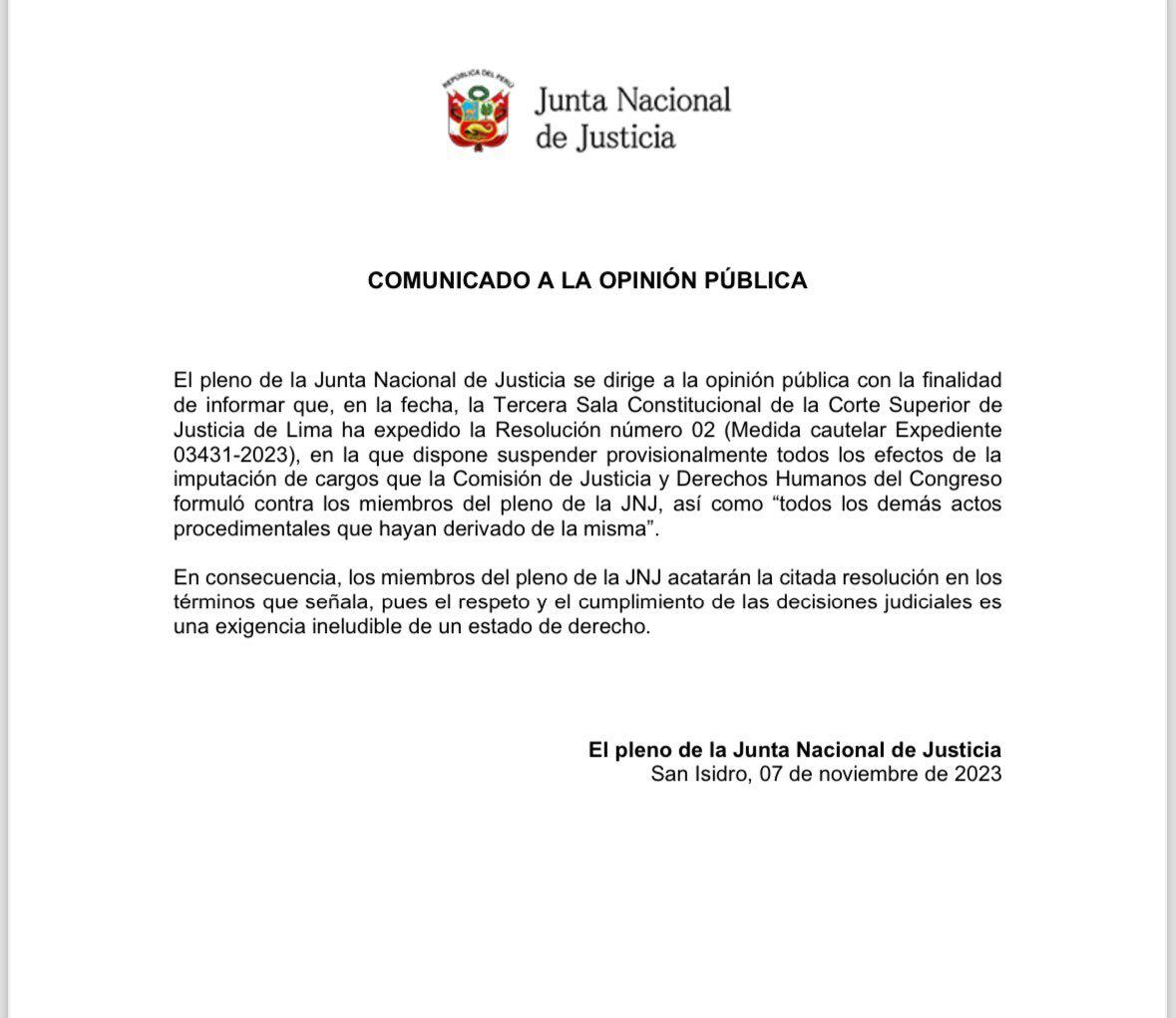 Pronunciamiento de la JNJ tras medida cautelar otorgada por el Poder Judicial. Twitter.