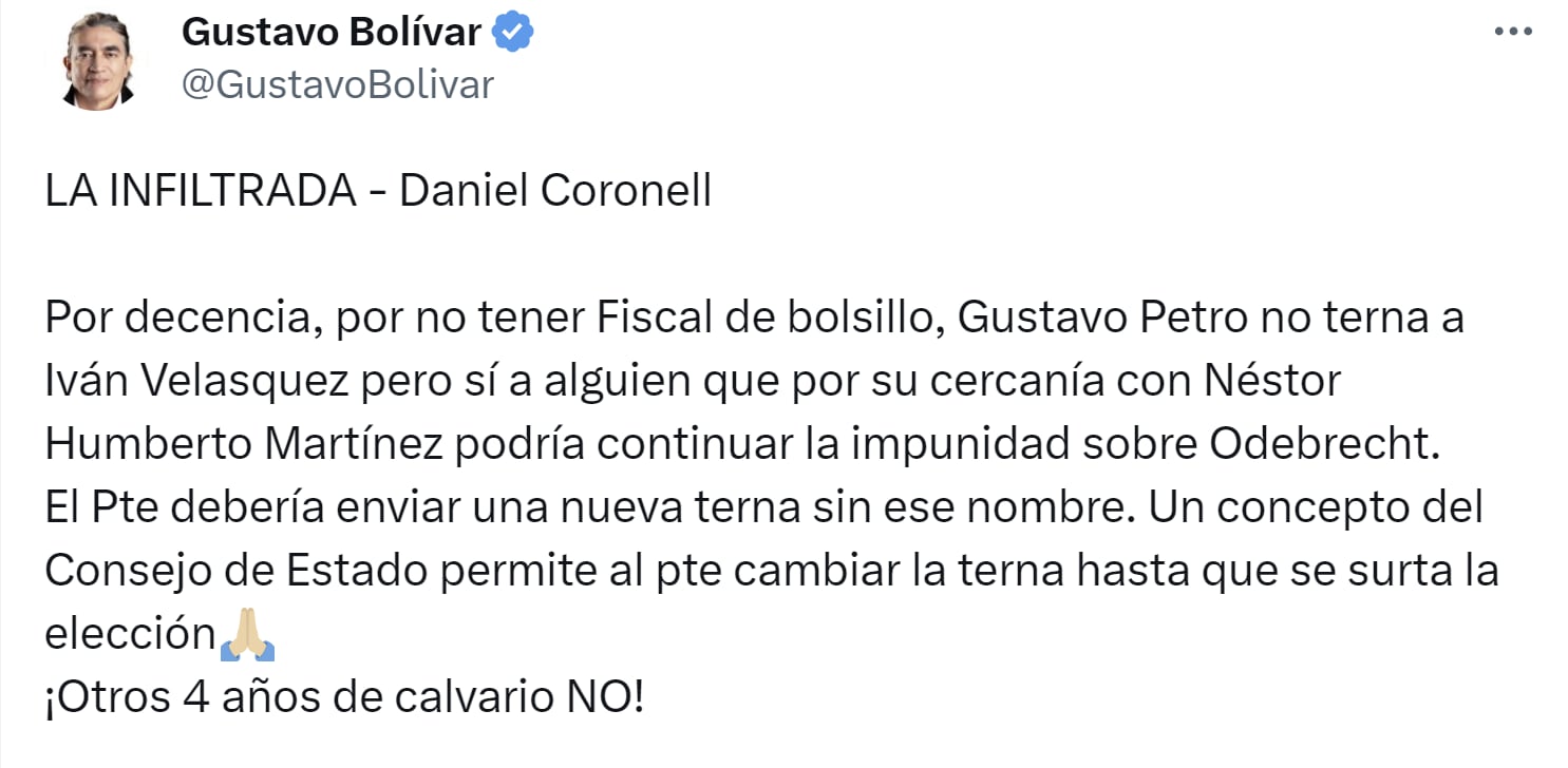 Gustavo Bolívar le pide a Gustavo Petro cambiar la terna para fiscal