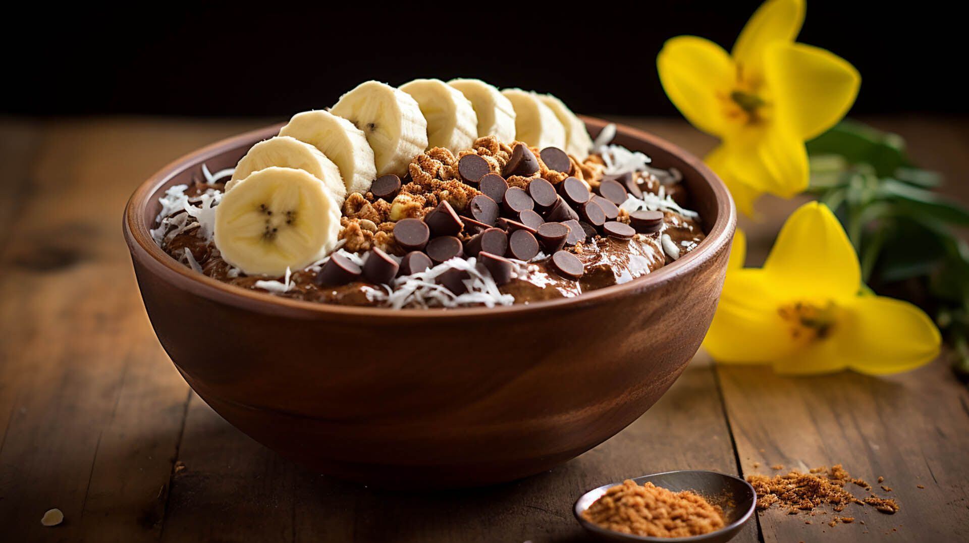 Un delicioso y colorido bowl de açaí lleno de nutrientes. La base de açaí púrpura oscuro está cubierta con una variedad de frutas frescas, nueces y semillas, creando una comida saludable y visualmente atractiva.