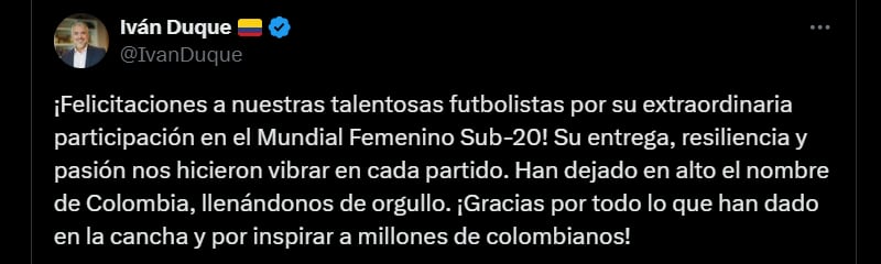 Expresidente Iván Duque sobre la eliminación de la selección Colombia Femenina Sub-20 - crédito @IvanDuque/X