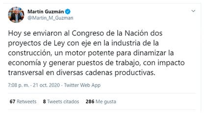 El tuit del ministro Guzmán anunciando los proyectos