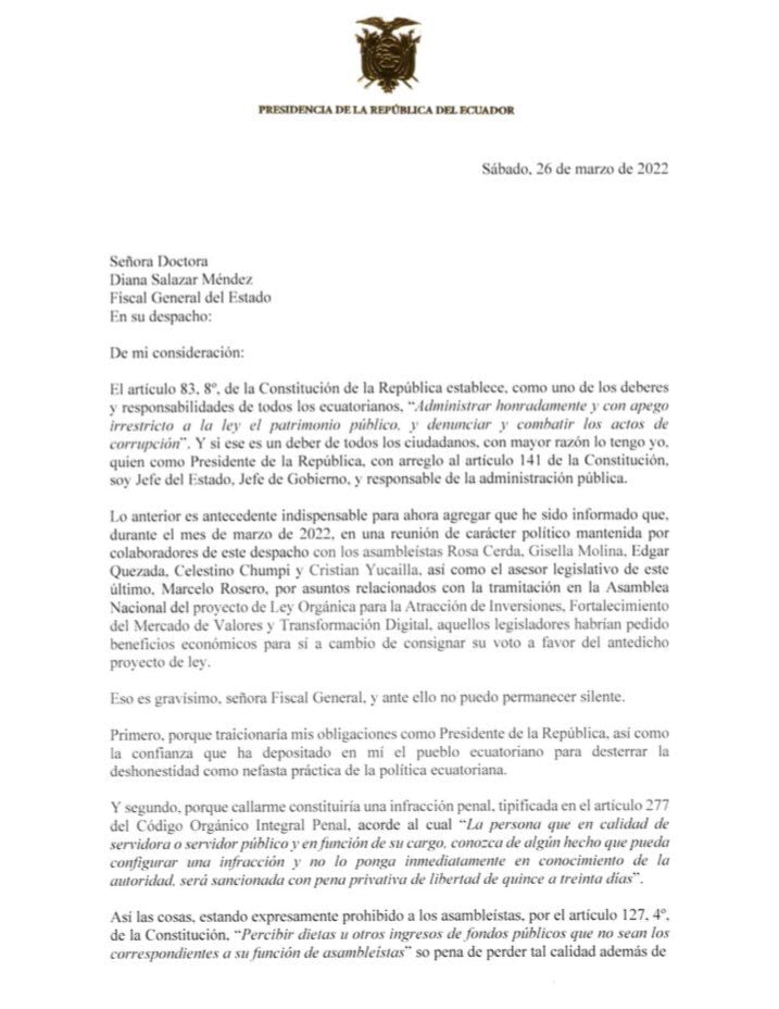 Letter sent by Guillermo Lasso to investigate the assembly members who asked for benefits in exchange for votes